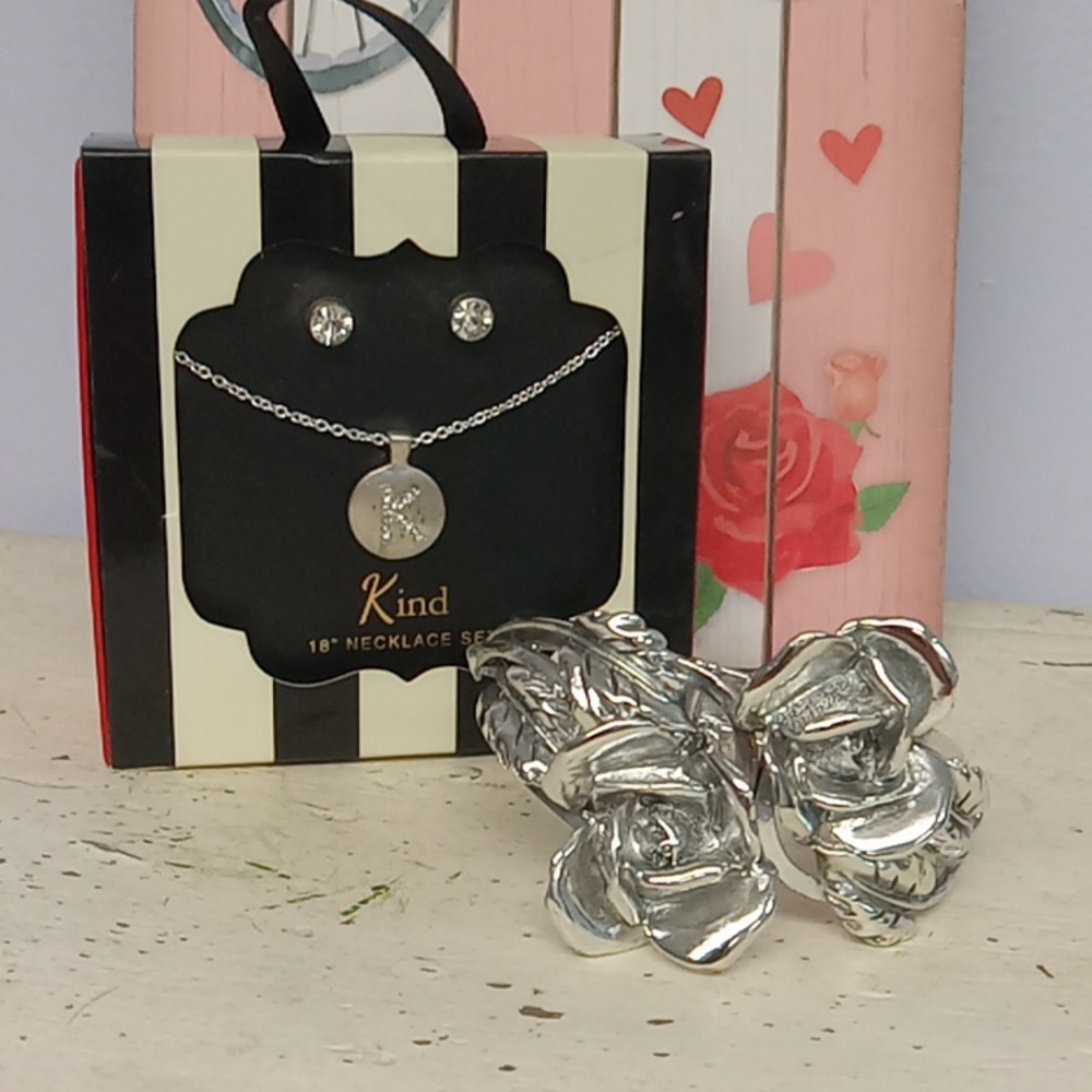 Letter K Necklace with earring set and Art Deco silver tone 1980s Bracelet.